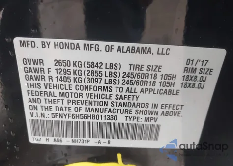 2017 Honda Pilot Ex-L из США, поврежденный, VIN 5FNYF6H56HB011330